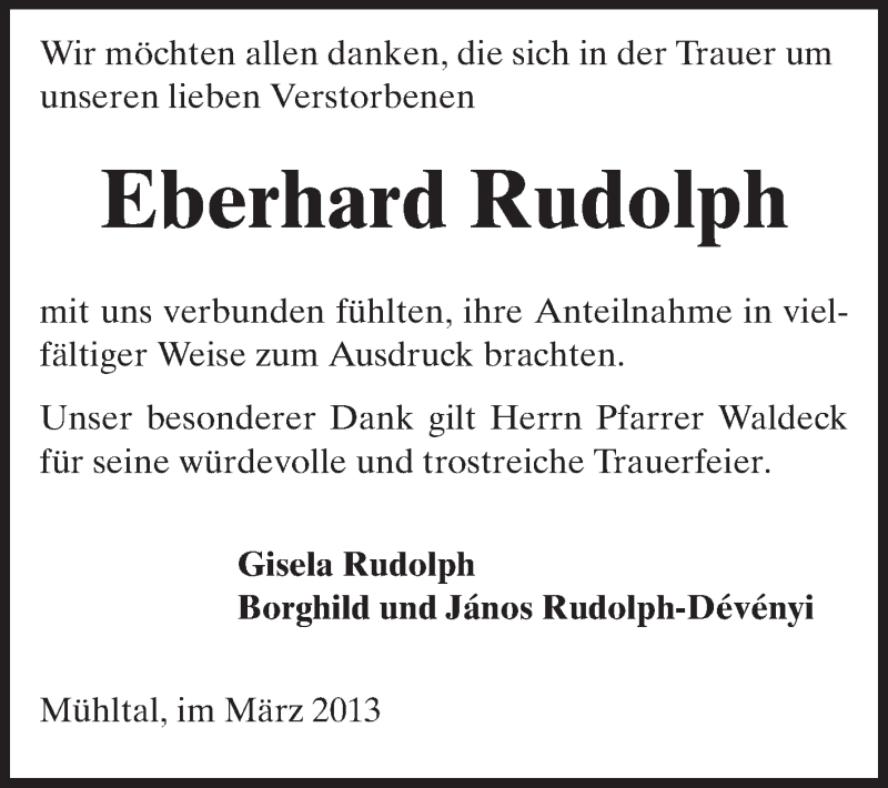  Traueranzeige für Eberhard Rudolph vom 09.03.2013 aus Echo-Zeitungen (Gesamtausgabe)