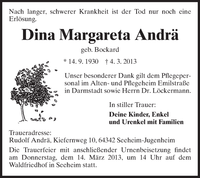  Traueranzeige für Dina Margareta Andrä vom 09.03.2013 aus Echo-Zeitungen (Gesamtausgabe)
