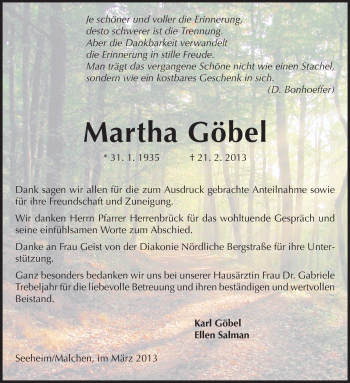 Traueranzeige von Martha Göbel von Echo-Zeitungen (Gesamtausgabe)