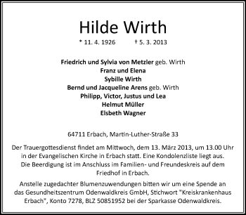Traueranzeige von Hilde Wirth von Odenwälder Echo