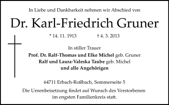 Traueranzeige von Karl-Friedrich Gruner von Odenwälder Echo