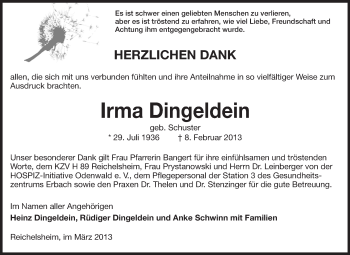 Traueranzeige von Irma Dingeldein von Odenwälder Echo