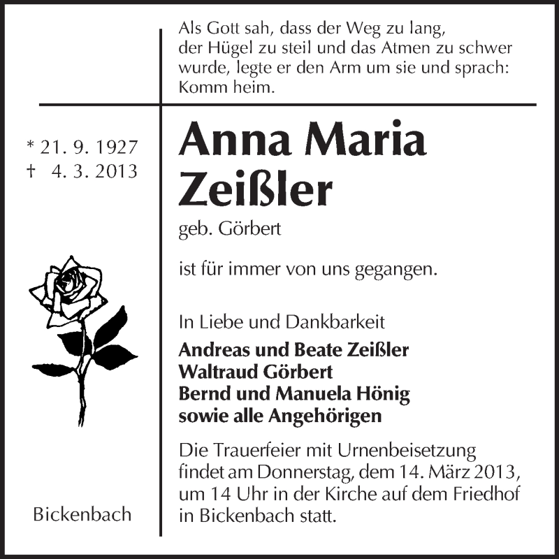  Traueranzeige für Anna Maria Zeißler vom 09.03.2013 aus Echo-Zeitungen (Gesamtausgabe)