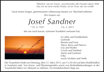 Traueranzeige von Josef Sandner von Rüsselsheimer Echo, Groß-Gerauer-Echo, Ried Echo