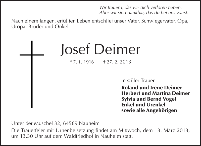  Traueranzeige für Josef Deimer vom 09.03.2013 aus Rüsselsheimer Echo, Groß-Gerauer-Echo, Ried Echo