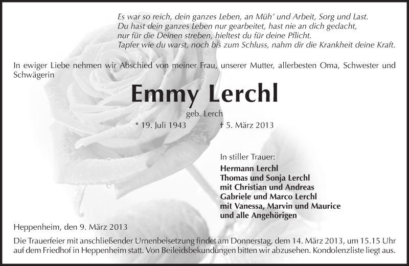  Traueranzeige für Emmy Lerchl vom 09.03.2013 aus Starkenburger Echo, Bergsträßer Anzeiger