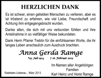 Traueranzeige von Anna Gerda Ramge von Echo-Zeitungen (Gesamtausgabe)