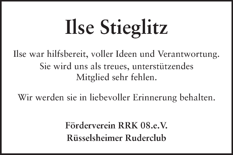  Traueranzeige für Ilse Stieglitz vom 09.03.2013 aus Rüsselsheimer Echo, Groß-Gerauer-Echo, Ried Echo
