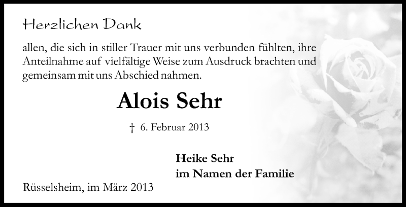  Traueranzeige für Alois Sehr vom 09.03.2013 aus Rüsselsheimer Echo, Groß-Gerauer-Echo, Ried Echo
