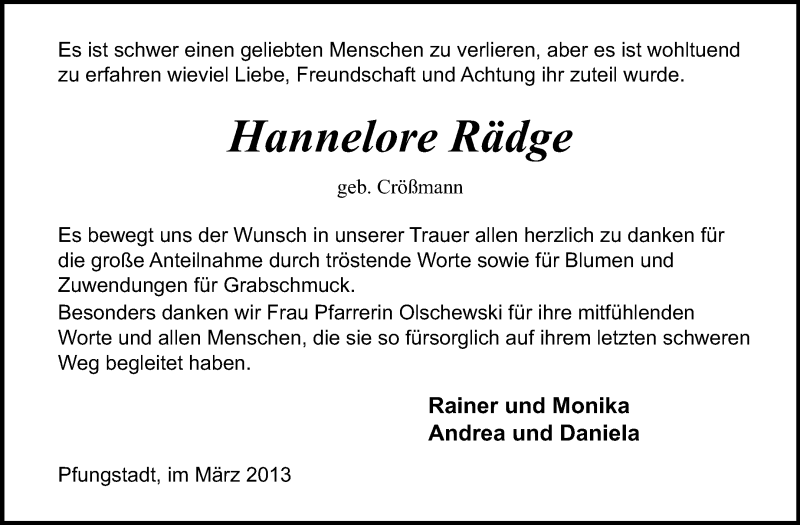  Traueranzeige für Hannelore Rädge vom 09.03.2013 aus Echo-Zeitungen (Gesamtausgabe)