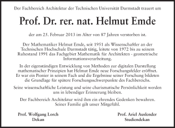Traueranzeige von Helmut Emde von Echo-Zeitungen (Gesamtausgabe)