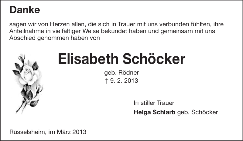  Traueranzeige für Elisabeth Schöcker vom 09.03.2013 aus Rüsselsheimer Echo, Groß-Gerauer-Echo, Ried Echo