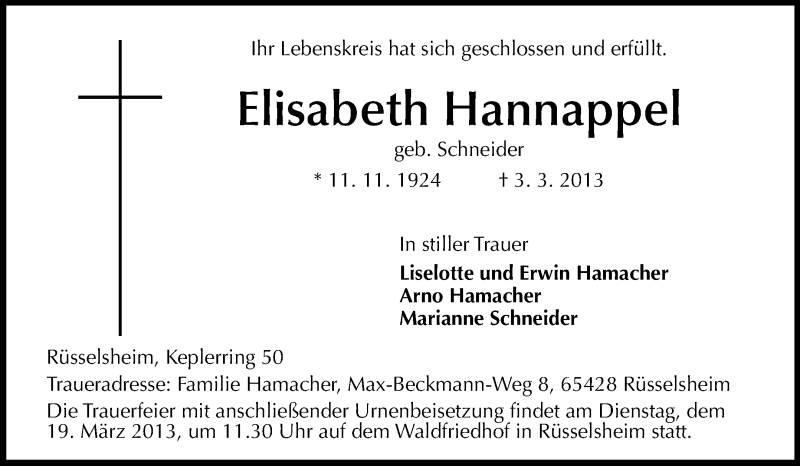  Traueranzeige für Elisabeth Hannappel vom 09.03.2013 aus Rüsselsheimer Echo, Groß-Gerauer-Echo, Ried Echo