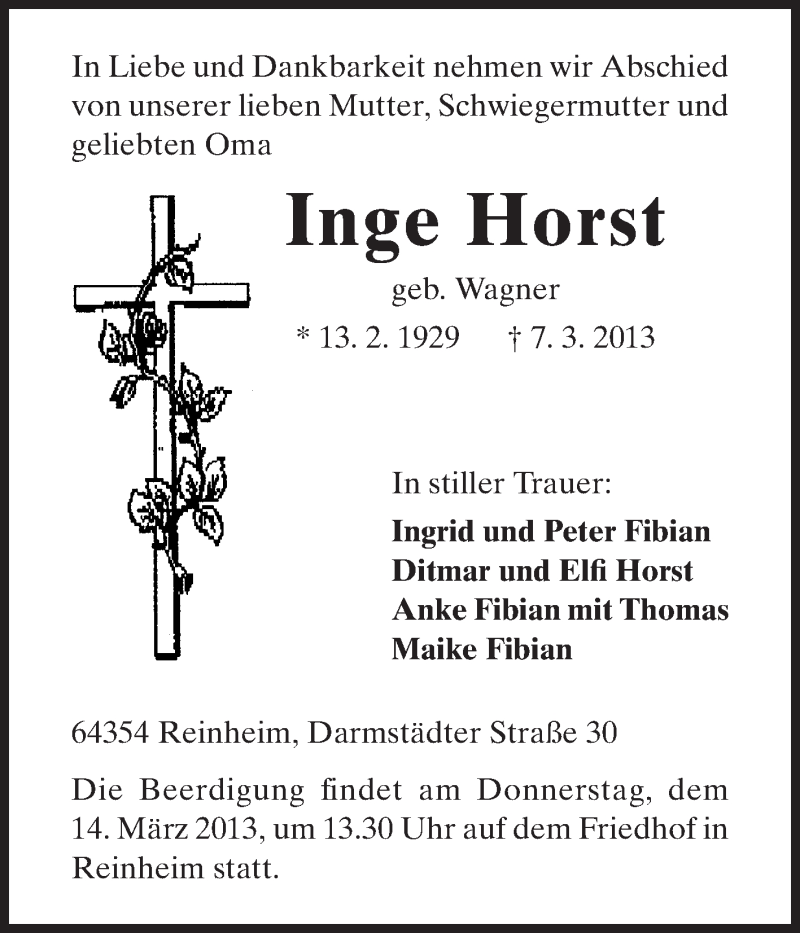  Traueranzeige für Inge Horst vom 11.03.2013 aus Darmstädter Echo, Odenwälder Echo, Rüsselsheimer Echo, Groß-Gerauer-Echo, Ried Echo
