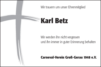 Traueranzeige von Karl Betz von Rüsselsheimer Echo, Groß-Gerauer-Echo, Ried Echo