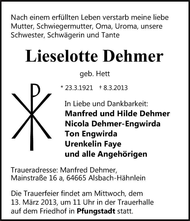  Traueranzeige für Lieselotte Dehmer vom 11.03.2013 aus Echo-Zeitungen (Gesamtausgabe)
