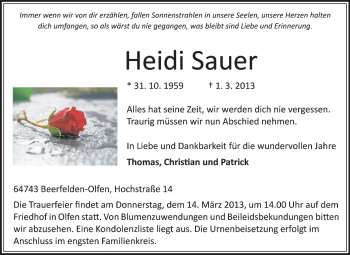 Traueranzeige von Heidi Sauer von Odenwälder Echo
