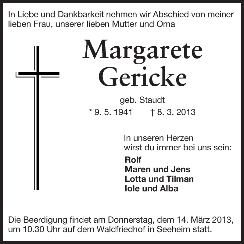  Traueranzeige für Margarete Gericke vom 11.03.2013 aus Echo-Zeitungen (Gesamtausgabe)