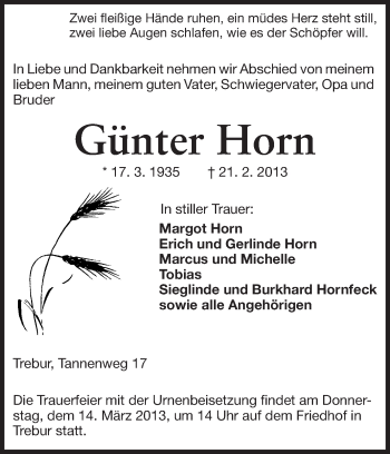 Traueranzeige von Günter Horn von Rüsselsheimer Echo, Groß-Gerauer-Echo, Ried Echo