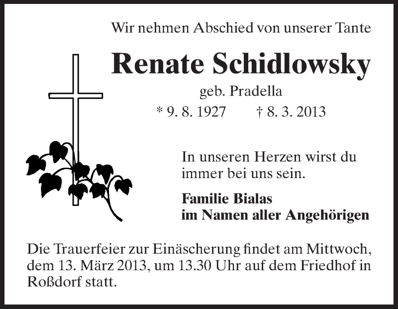  Traueranzeige für Renate Schidlowsky vom 12.03.2013 aus Echo-Zeitungen (Gesamtausgabe)