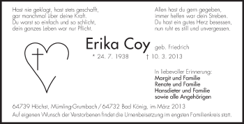 Traueranzeige von Erika Coy von Odenwälder Echo