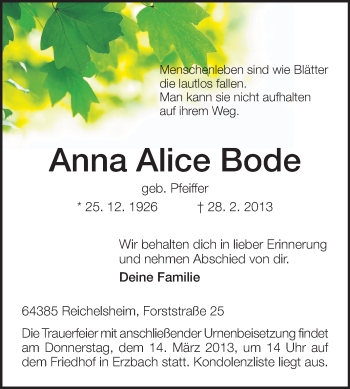 Traueranzeige von Anna Alice Bode von Odenwälder Echo
