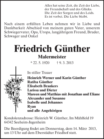 Traueranzeige von Friedrich Günther von Echo-Zeitungen (Gesamtausgabe)