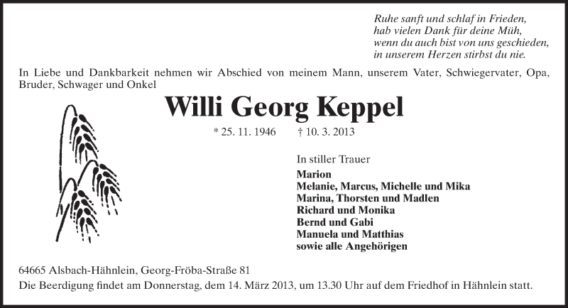  Traueranzeige für Willi Georg Keppel vom 12.03.2013 aus Echo-Zeitungen (Gesamtausgabe)