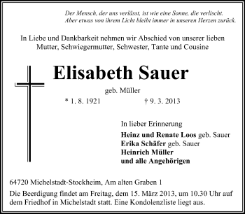 Traueranzeige von Elisabeth Sauer von Odenwälder Echo