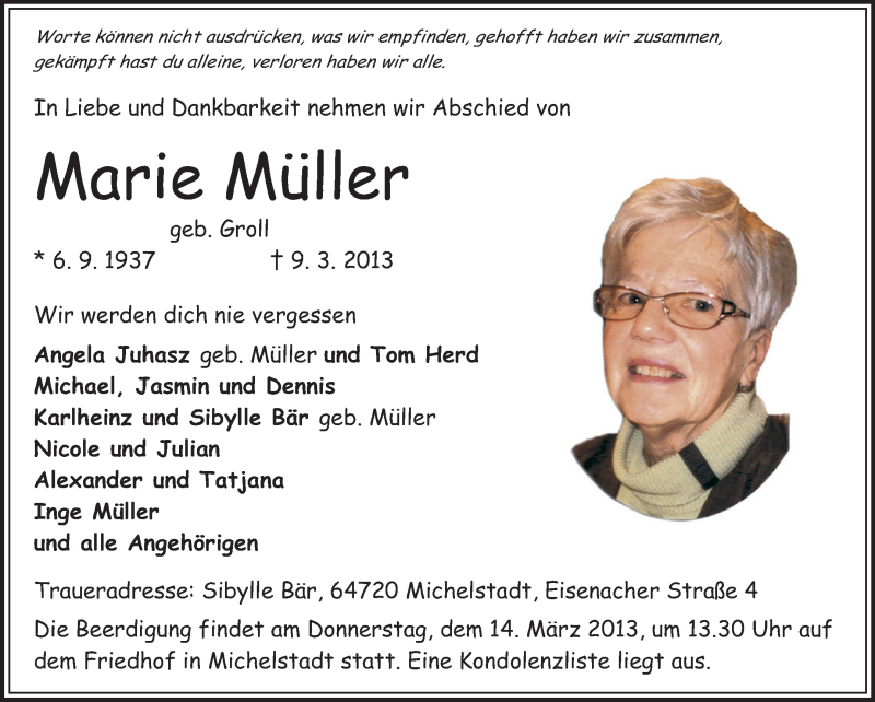  Traueranzeige für Marie Müller vom 12.03.2013 aus Odenwälder Echo