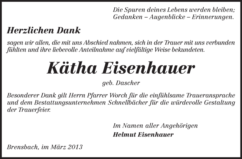  Traueranzeige für Kätha Eisenhauer vom 16.03.2013 aus Echo-Zeitungen (Gesamtausgabe)