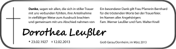 Traueranzeige von Dorothea Leußler von Rüsselsheimer Echo, Groß-Gerauer-Echo, Ried Echo