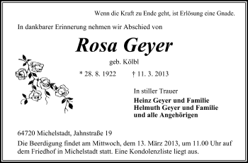 Traueranzeige von Rosa Geyer von Odenwälder Echo