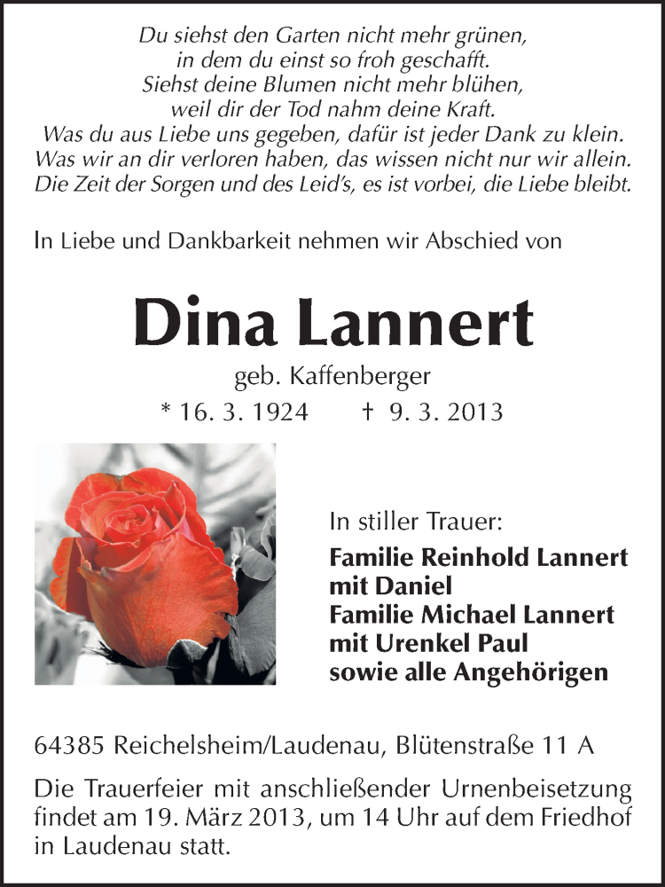  Traueranzeige für Dina Lannert vom 16.03.2013 aus Odenwälder Echo
