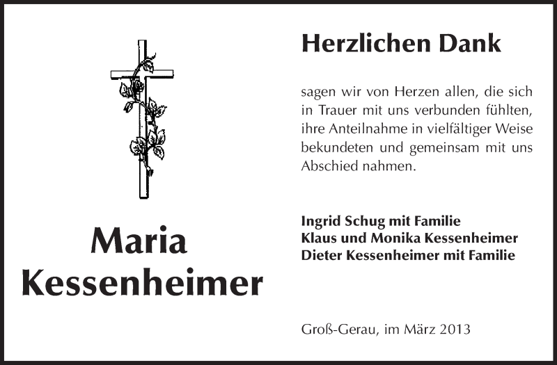  Traueranzeige für Maria Kessenheimer vom 13.03.2013 aus Rüsselsheimer Echo, Groß-Gerauer-Echo, Ried Echo
