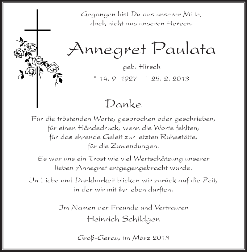  Traueranzeige für Annegret Paulata vom 16.03.2013 aus Rüsselsheimer Echo, Groß-Gerauer-Echo, Ried Echo