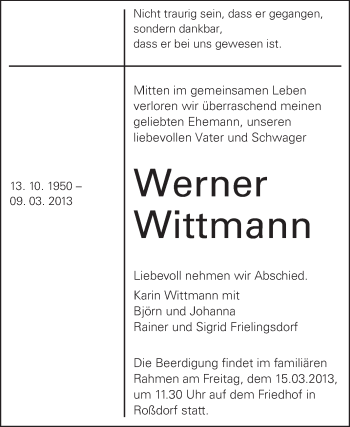 Traueranzeige von Werner Wittmann von Echo-Zeitungen (Gesamtausgabe)