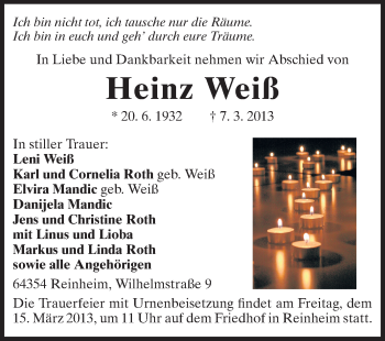 Traueranzeige von Heinz Weiß von Darmstädter Echo, Odenwälder Echo, Rüsselsheimer Echo, Groß-Gerauer-Echo, Ried Echo