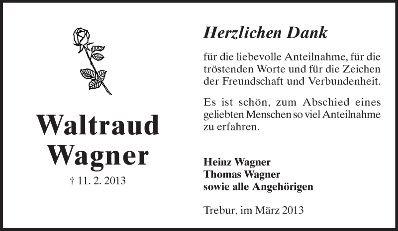  Traueranzeige für Waltraud Wagner vom 13.03.2013 aus Rüsselsheimer Echo, Groß-Gerauer-Echo, Ried Echo