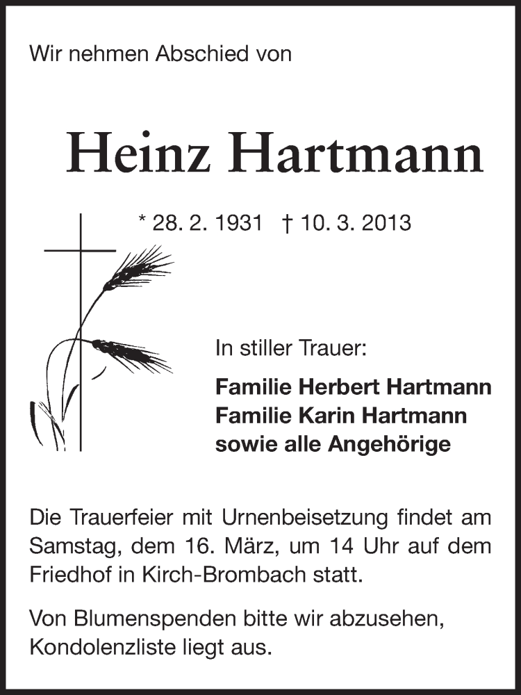  Traueranzeige für Heinz Hartmann vom 14.03.2013 aus Odenwälder Echo