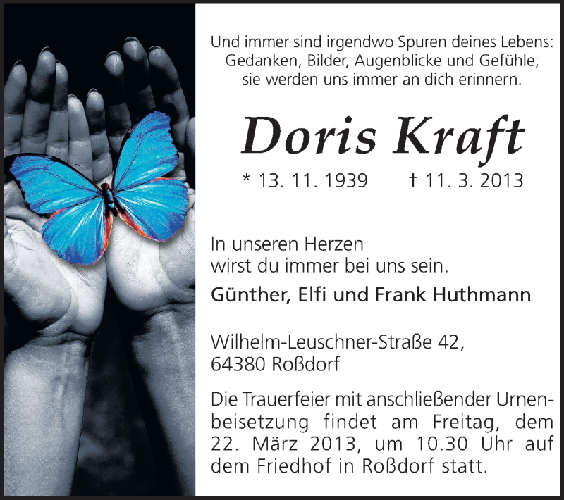  Traueranzeige für Doris Kraft vom 16.03.2013 aus Echo-Zeitungen (Gesamtausgabe)