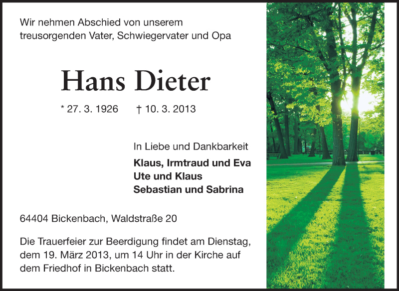  Traueranzeige für Hans Dieter vom 16.03.2013 aus Echo-Zeitungen (Gesamtausgabe)