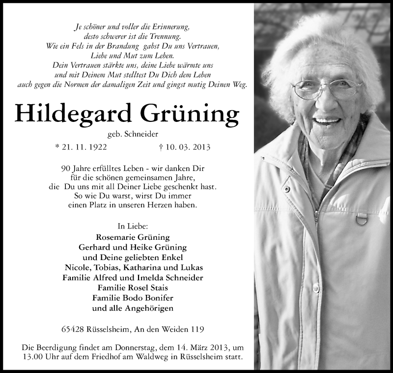  Traueranzeige für Rosemarie Grüning vom 13.03.2013 aus Rüsselsheimer Echo, Groß-Gerauer-Echo, Ried Echo