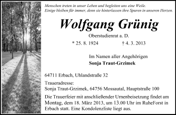 Traueranzeige von Wolfgang Grünig von Odenwälder Echo