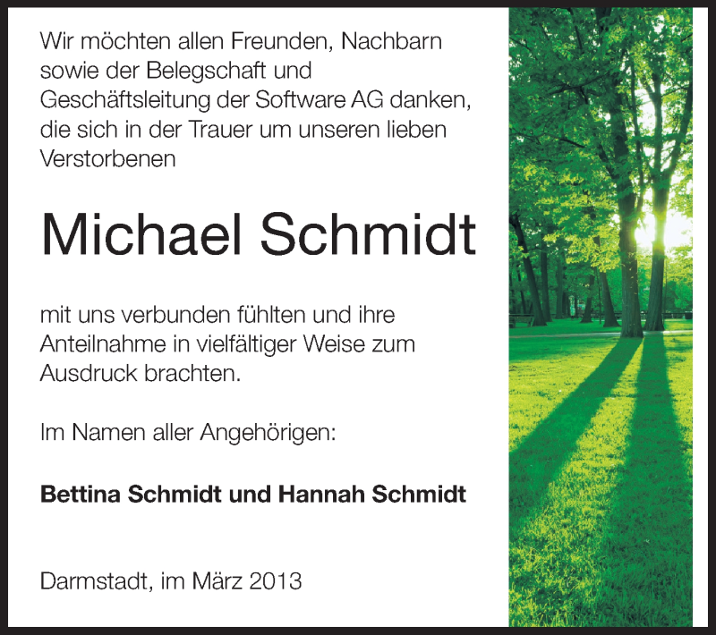  Traueranzeige für Michael Schmidt vom 16.03.2013 aus Echo-Zeitungen (Gesamtausgabe)