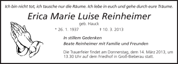 Traueranzeige von Erica Marie Luise Reinheimer von Echo-Zeitungen (Gesamtausgabe)