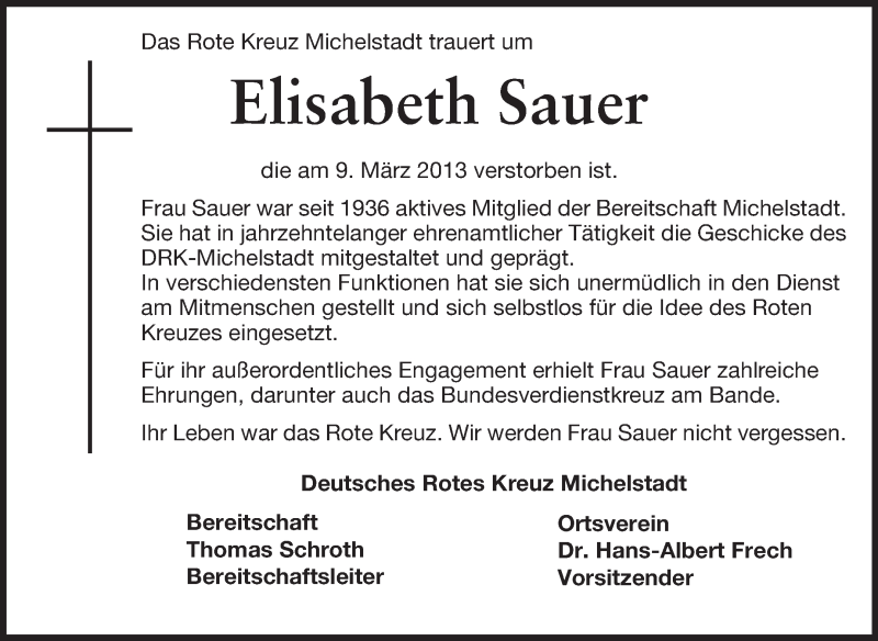  Traueranzeige für Elisabeth Sauer vom 13.03.2013 aus Odenwälder Echo
