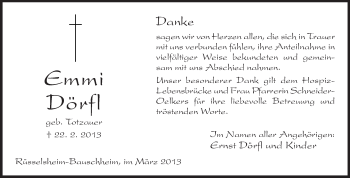 Traueranzeige von Emmi Dörfl von Rüsselsheimer Echo, Groß-Gerauer-Echo, Ried Echo