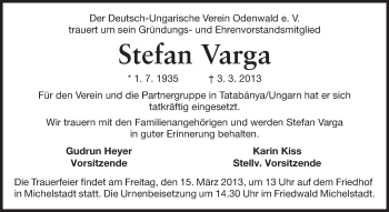 Traueranzeige von Stefan Varga von Odenwälder Echo