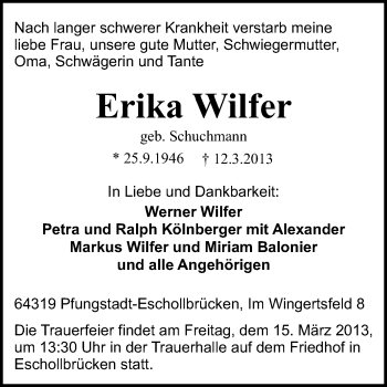 Traueranzeige von Erika Wilfer von Echo-Zeitungen (Gesamtausgabe)